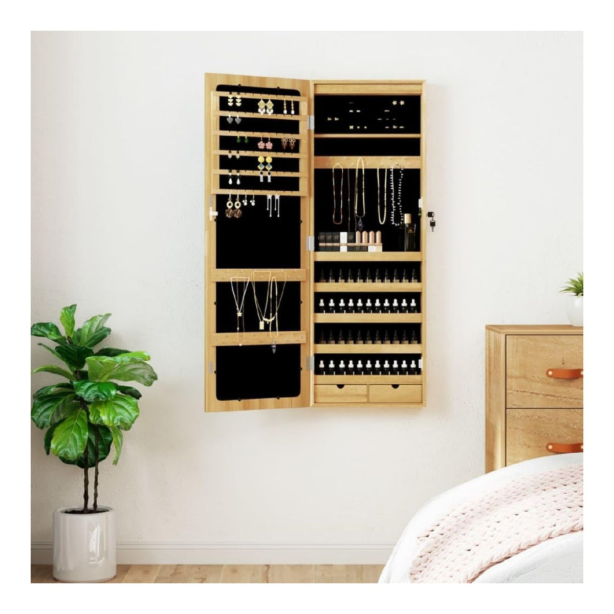 Armadietto portagioie specchio illuminazione LED, con diffusore in vetro LED integrato nero