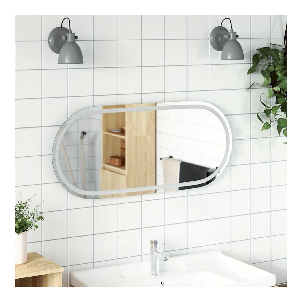 Specchio bagno ovale impermeabile parete con diffusore in vetro LED integrato nero