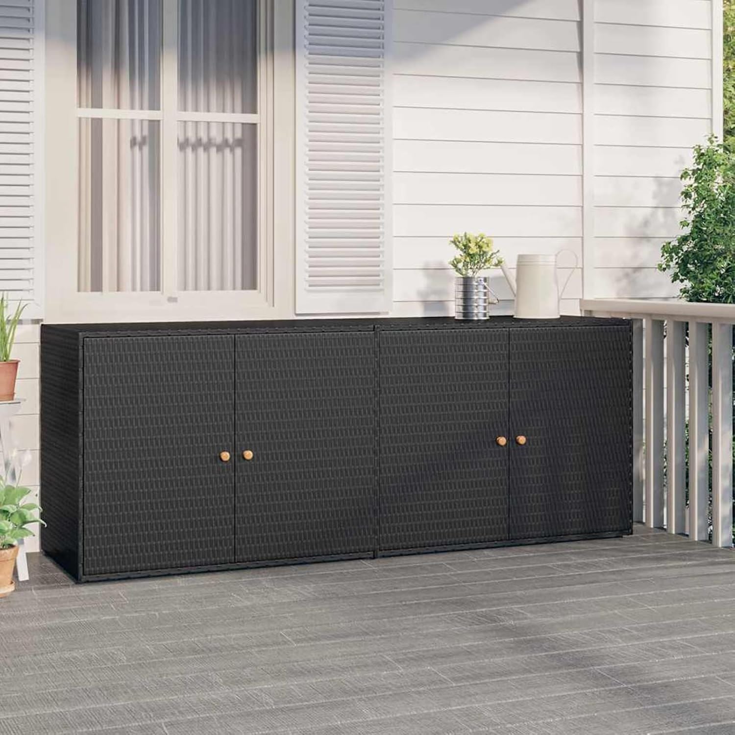 Credenza da Giardino in Polyrattan Armadio Portaoggetti 198 x 55 5 x 80 Nero per Esterno Patio Terrazzo cm