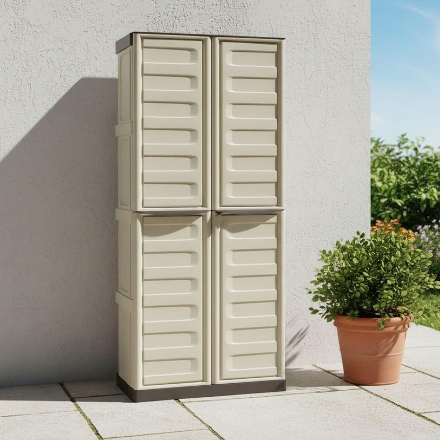Armadio Dmora da esterno Avelgem balcone multiuso Mobile porta scope 2 ante 100 Made in Italy cm Beige e Finitura righe 70 x 47h178 Marrone