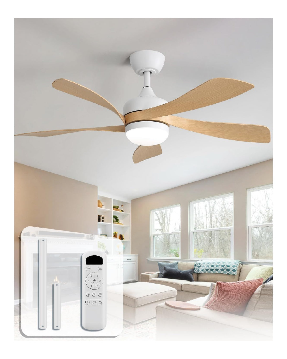 Ventilatore da soffitto con luce 114 cm regolabile bianco