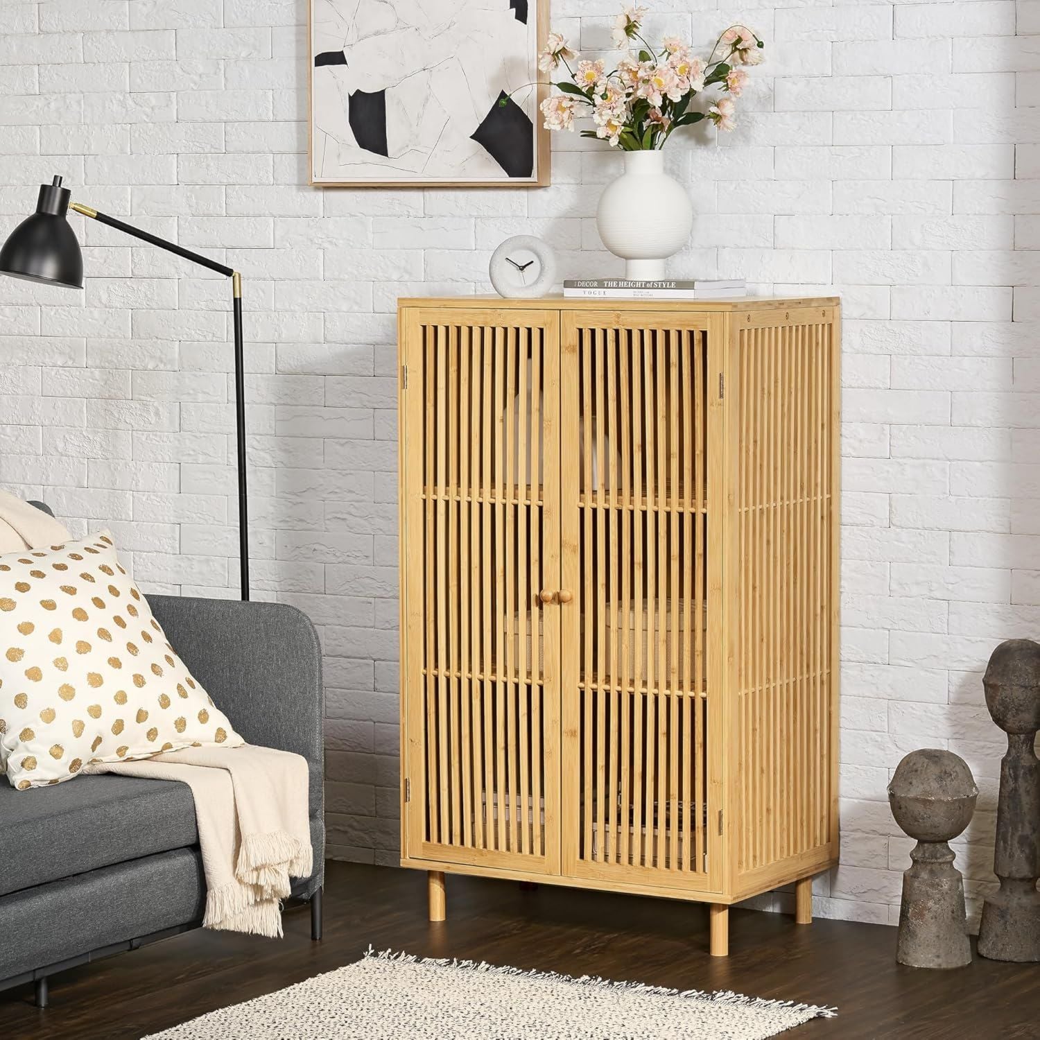 Armadio en.casa a 2 Ante Credenza Bassa in Bambù 110 66 40 cm Naturale con 3 Scomparti Comò con Struttura a Doghe Armadietto Multiuso x x