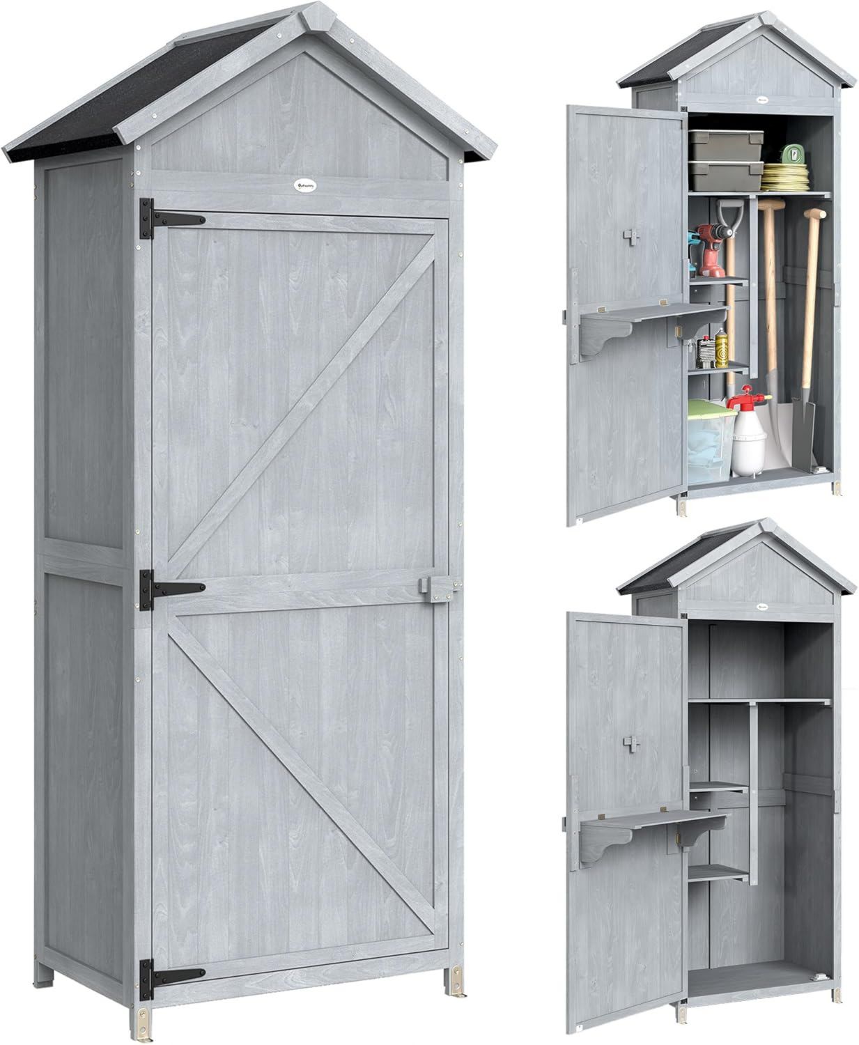 Armadio Outsunny da Giardino in Abete Ripiani cm Casetta Attrezzi Giardino Banco Lavoro Ribaltabile Tetto Inclinato Asfalto Esterno Porta Attrezzi 77 x 52.5 x 178 Legno Grigio