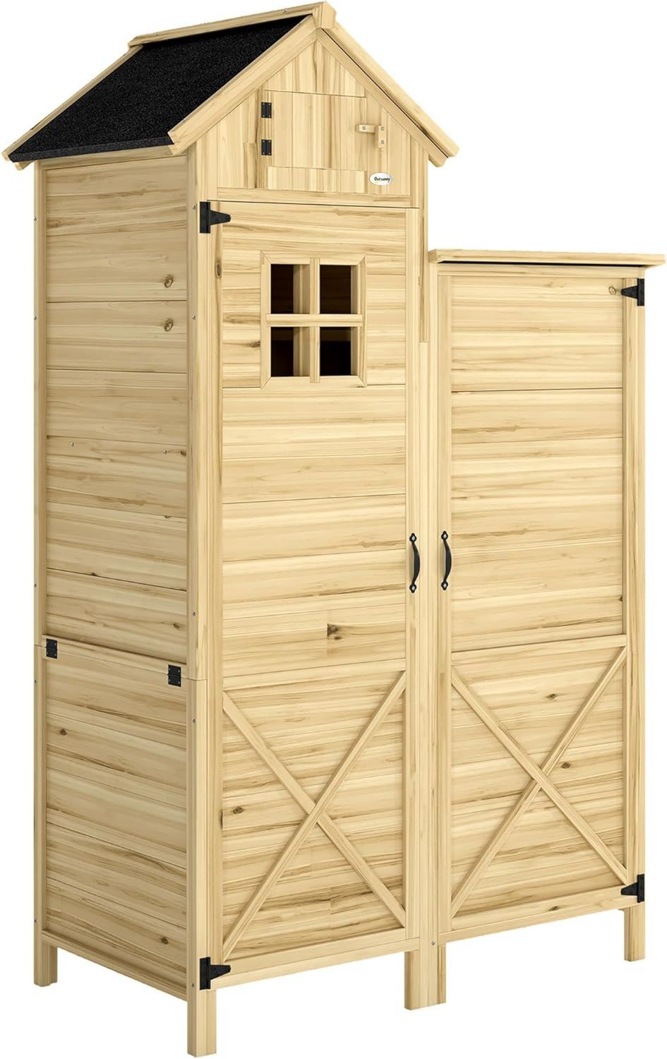 Armadio Outsunny da Giardino in di Abete cm Color Design a Doppia Zona Casetta Porta Attrezzi da Esterno Ripiani Amovibili Finestre Porte Tetto Asfaltato Inclinato 106 x 57 x 167 Legno Legno