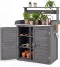 Armadietto COSTWAY da Esterno in a 2 Livelli in Metallo Zincato 3 Ganci Appendiabiti Ripiani Rimovibili e Ante a Doghe con Piano di Lavoro Legno Grigio per Giardino Balcone e Cortile