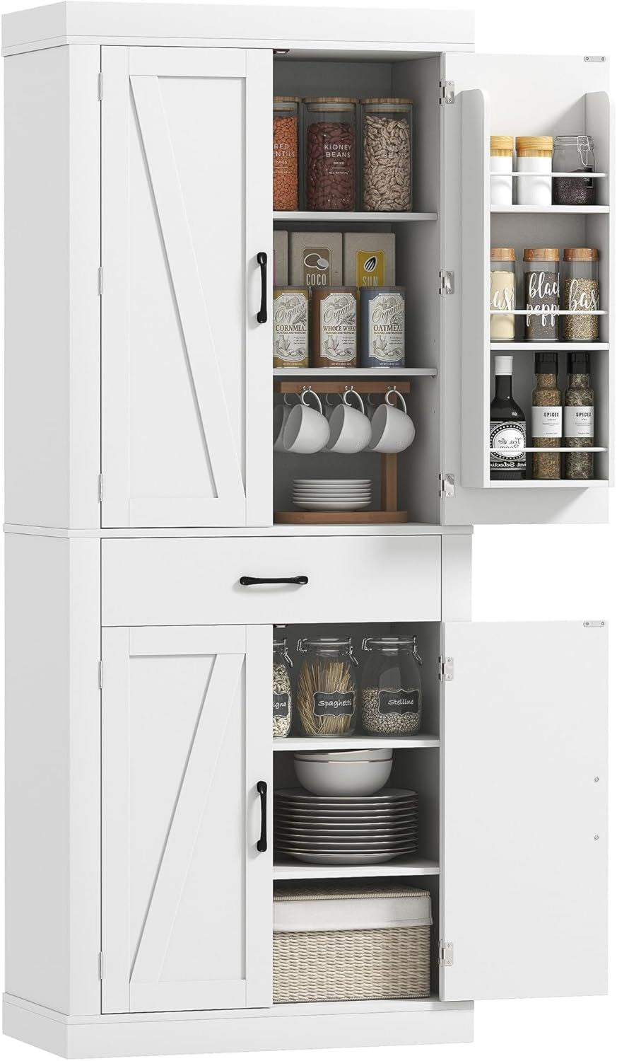 Credenza HOMCOM Cucina Alta 183.5 cm con 6 Portaspezie sulla Porta 4 Ante a Fienile e Cassetto Mobile Dispensa Rustico Ripiani Regolabili Bianco per Sala da Pranzo Soggiorno
