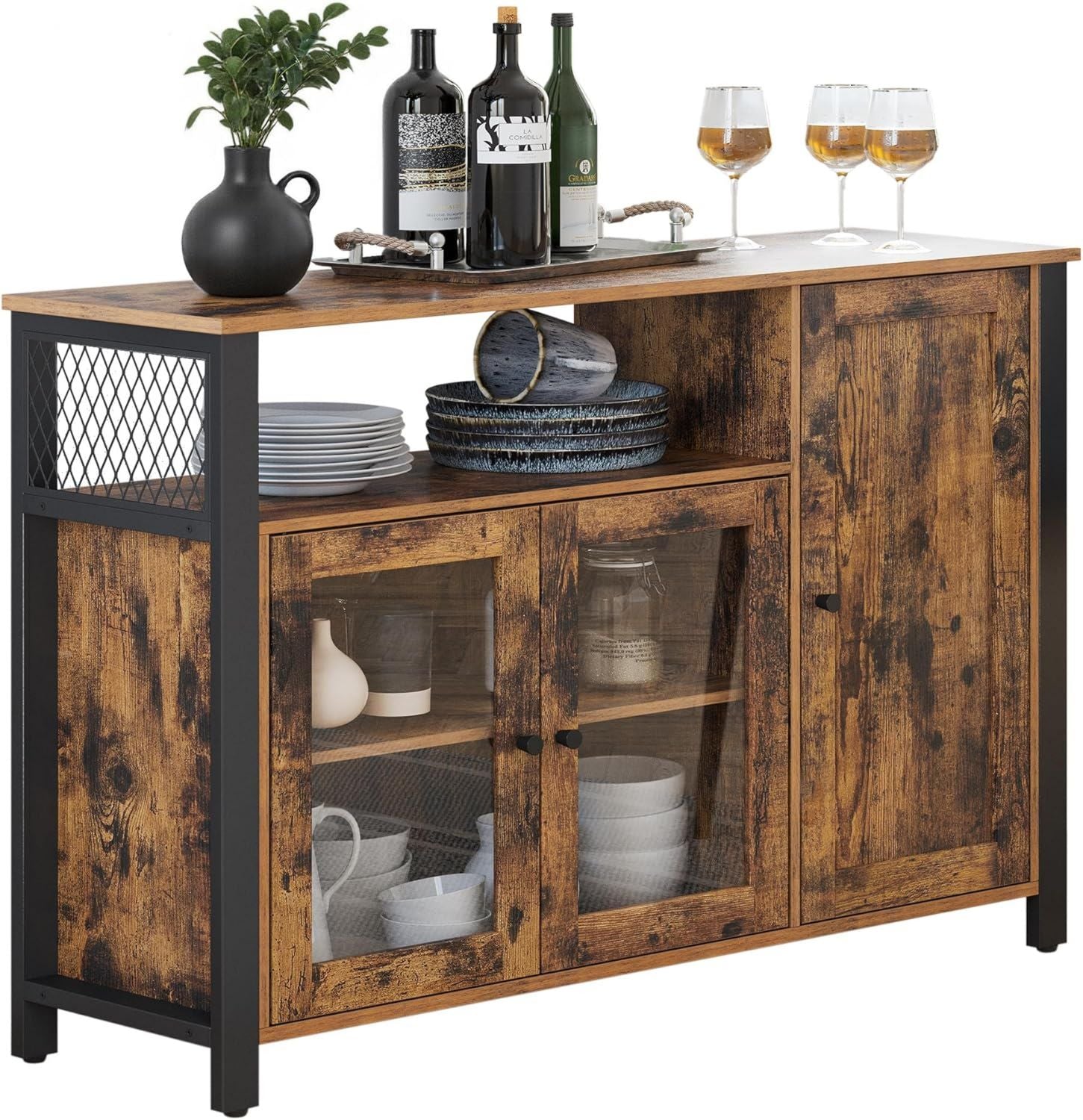 Credenza VASAGLE Mobile da Cucina Contenitore con 3 Ante x x Marrone Nero per Soggiorno Cucina Sala da Pranzo 33 110 75 cm Stile Country Vintage e LSC096B01