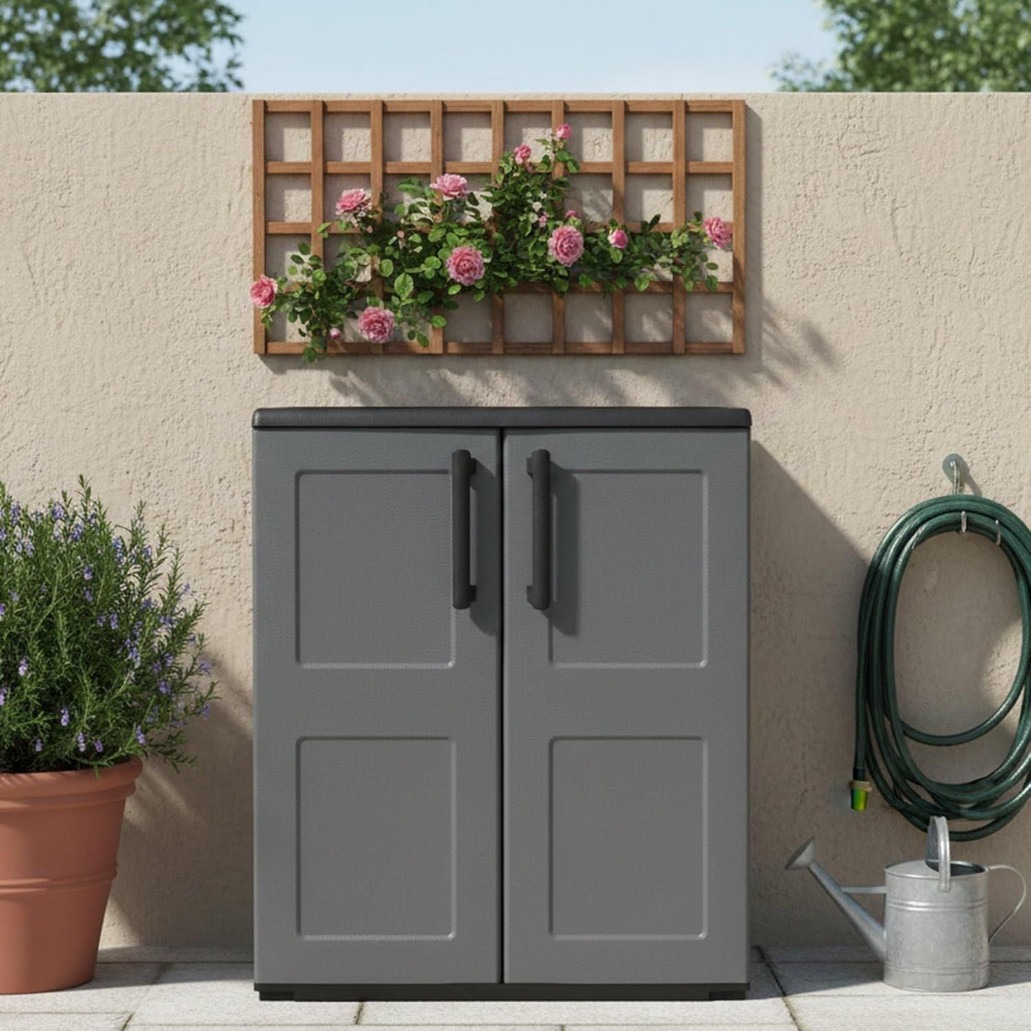 Armadio Dmora da esterno Mol Mobile balcone multiuso Armadietto outdoor a 2 ante 100 Made in Italy cm Finitura quadri e 68 x 37h84 Grigio Nero